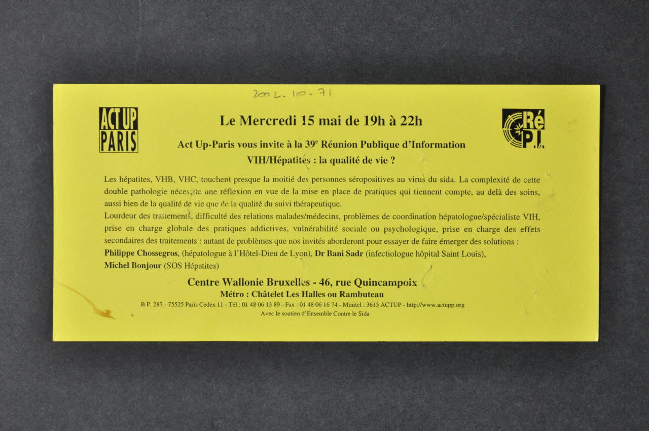 CARTON D'INVITATION VIH / hépatites : la qualité de vie?" 2002.110.71 Photo Mucem