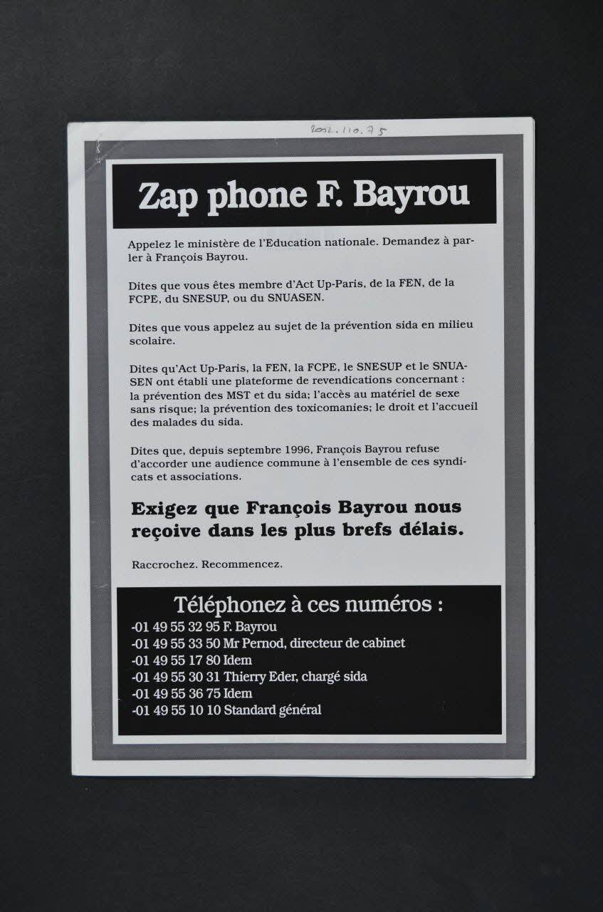 Act Up-Paris tract Zap phone F. Bayrou Île-de-France, France 1996 2002.110.75 Photo Mucem