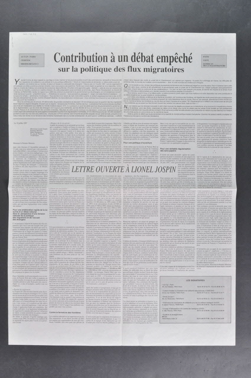Act Up-Paris, Cedetim, Droits Devant !!, Fasti, affiche "Lettre ouverte à Lionel Jospin / Contribution à un débat empêché sur la politique des flux migratoires France 1997/7/10 2002.110.77 Photo Mucem