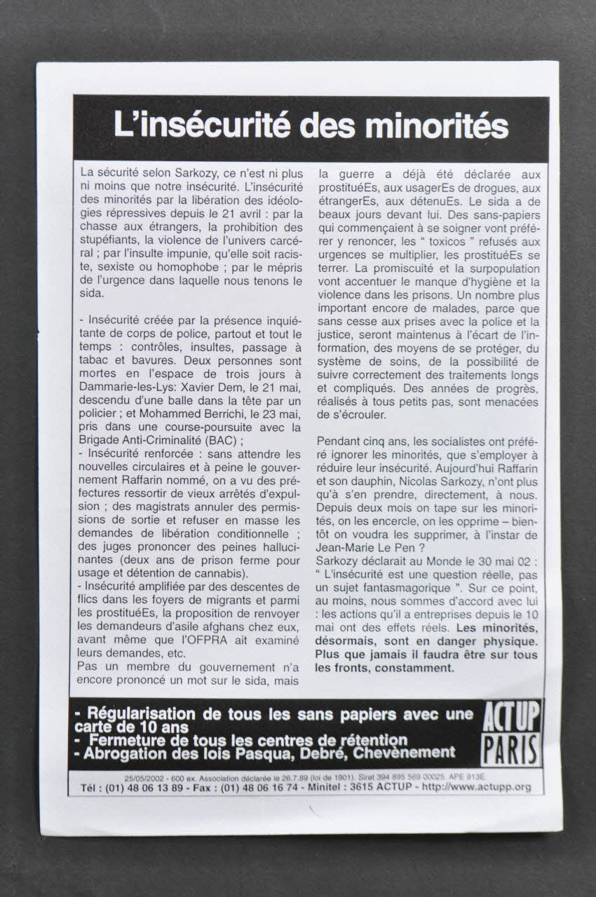 Act Up-Paris tract "L'insécurité des minorités" Île-de-France, France 2002/5/25 2002.110.78 Photo Mucem