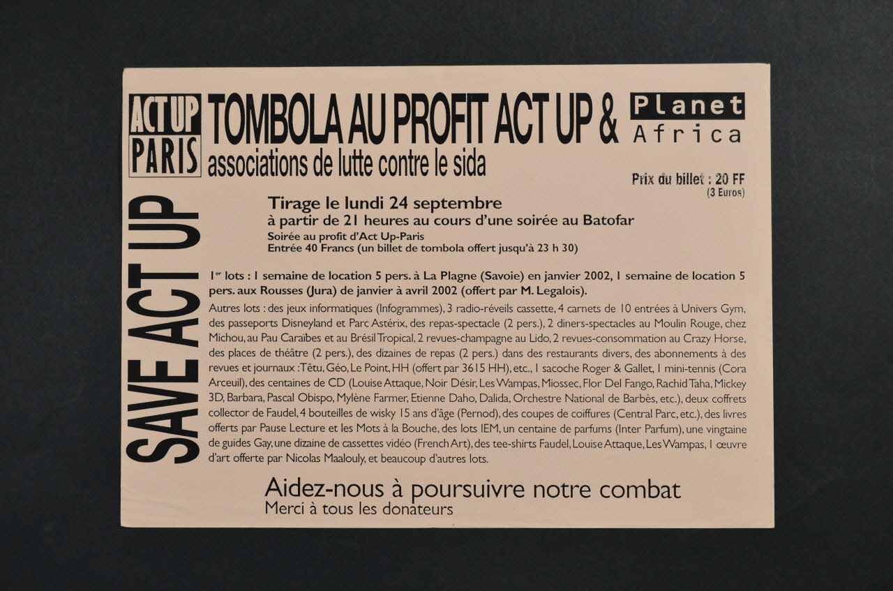 Act Up-Paris tract Tombola au profit d'Act Up et Planet Africa le lundi 24 septembre Île-de-France, France 2002 2002.110.82 Photo Mucem