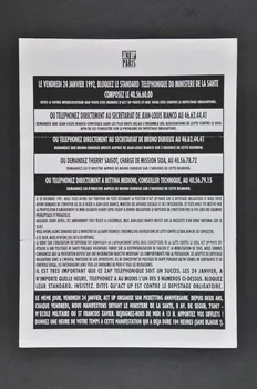 Act Up-Paris tract Fiche de zap téléphonique au Ministère de la Santé sur le dépistage obligatoire de l'infection par le VIH lors des examens prénuptiaux et prénataux Île-de-France, France 1992/1/24 2002.110.87 Photo Mucem