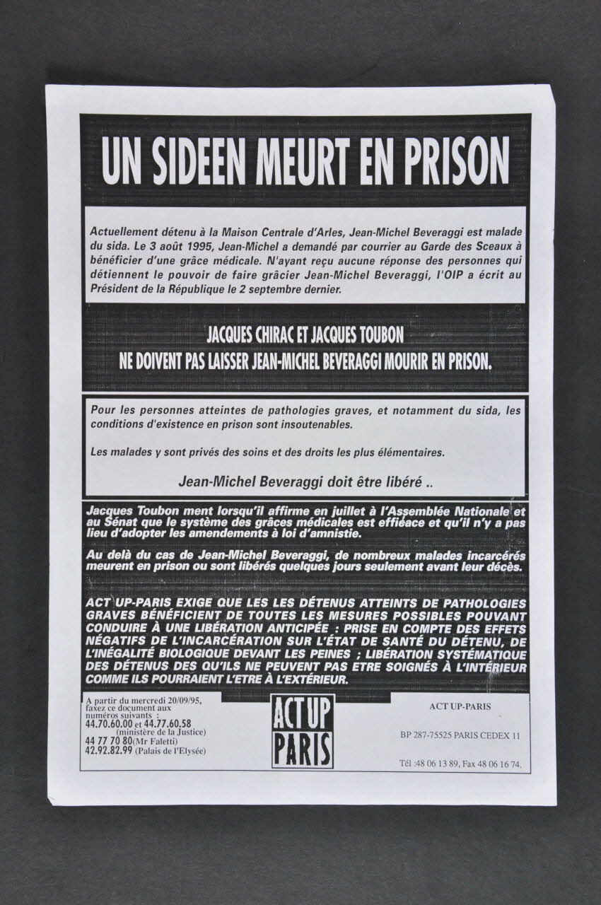 Act Up-Paris tract Fiche de fax au Ministère de la Justice / UN SIDEEN MEURT EN PRISON Île-de-France, France 1995/9/20 2002.110.88 Photo Mucem