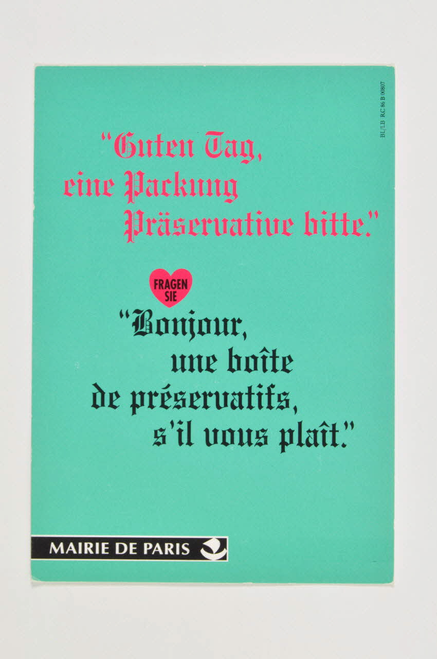 Bertrand Delanoë carte postale "Bonjour, une boite de préservatifs s'il vous plait " (en allemand) Île-de-France, France 1994/7 2002.112.63 Photo Mucem