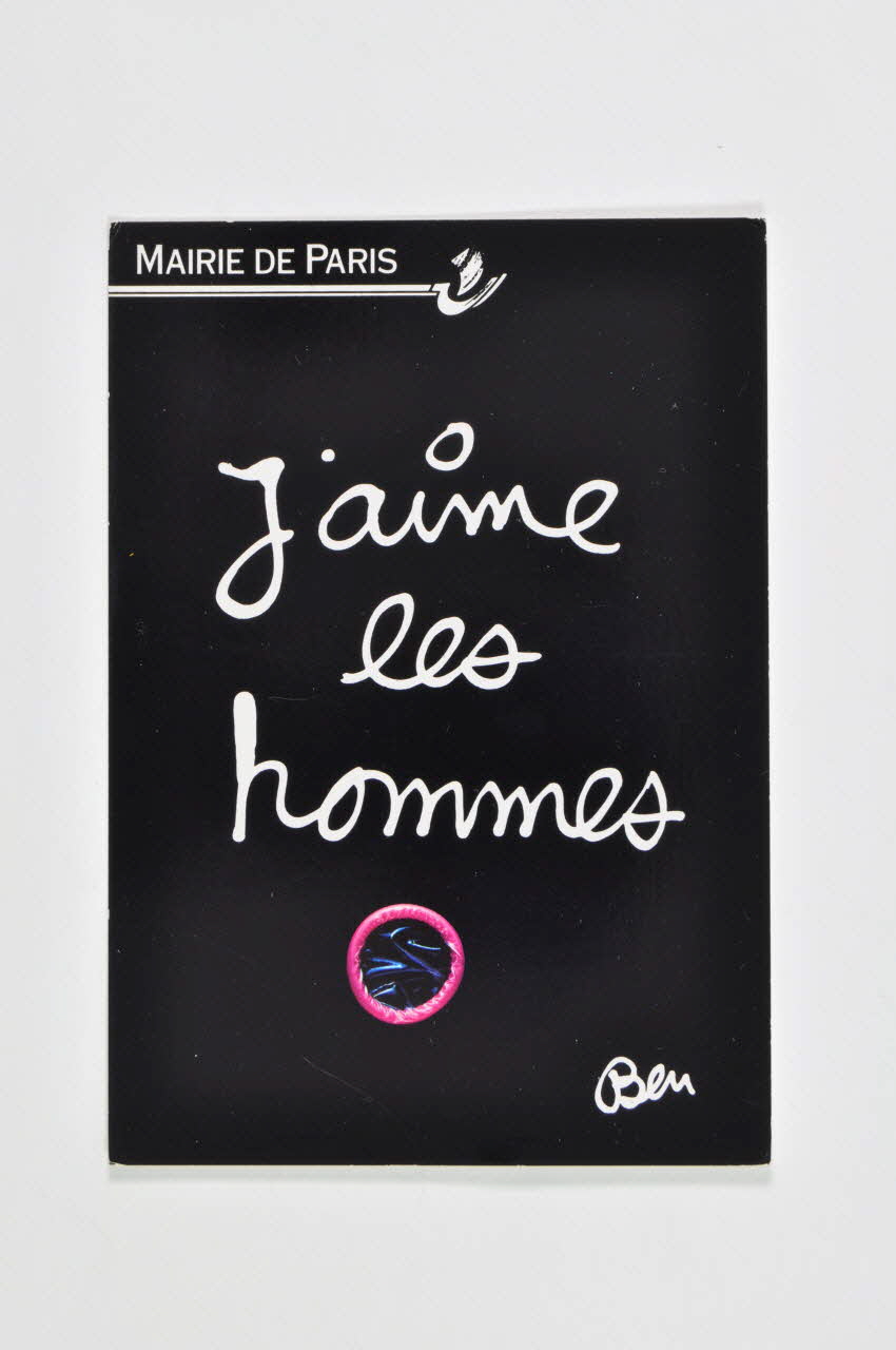 Bertrand Delanoë carte postale "J'aime les hommes" / Jour après jour, mois après mois, Paris combat le sida / signature de Ben Île-de-France, France 1994/10 2002.112.66 Photo Mucem