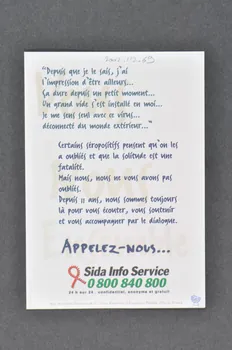 Sida Info Service - Ligne Azur carte postale "Depuis que je le sais, j'ai l'impression d'être ailleurs.. Je me sens seul avec ce virus... déconnecté du monde extérieur." / "Mais nous, nous ne vous avons pas oubliés" France 1999 2002.112.69 Photo Mucem