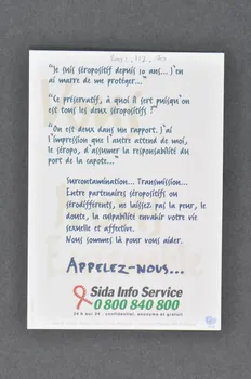 Sida Info Service - Ligne Azur carte postale "Je suis séropositif depuis 10 ans...J'en ai marre de me protéger" / "Entre partenaires séropositifs ou sérodifférents , ne laissez pas la peur, le doute, la culpabilité envahir votre vie sexuelle et affective" France 1999 2002.112.70 Photo Mucem