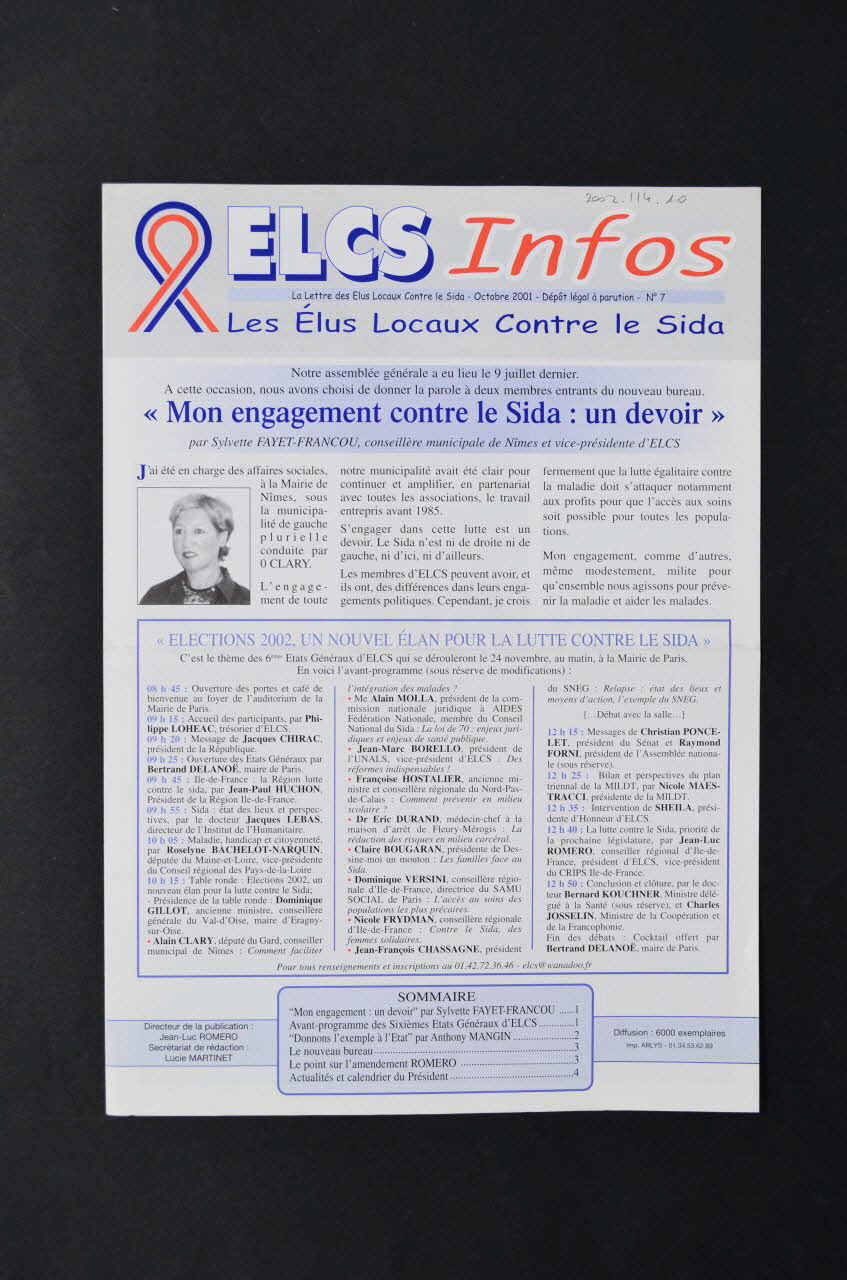 Elus Locaux Contre le Sida (ELCS) lettre La lettre des Elus locaux contre le sida, ELCS Infos, n°7  octobre 2001 France 2001/10 2002.114.10 Photo Mucem
