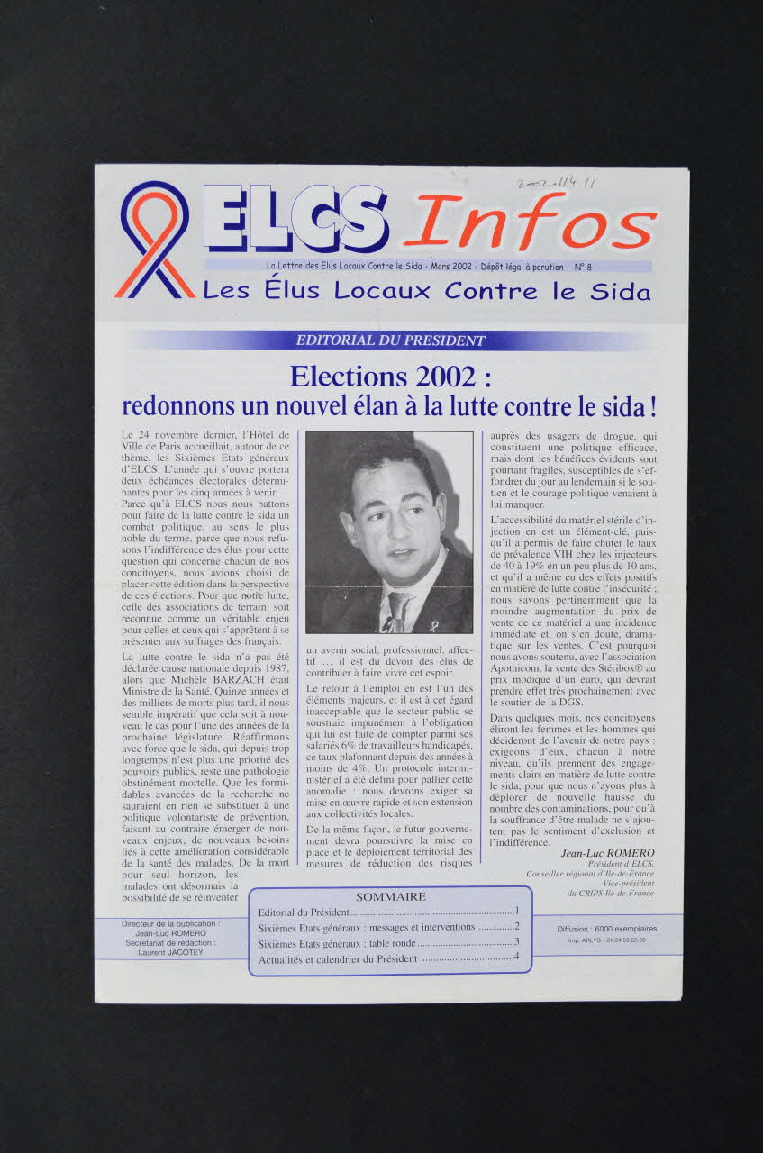Elus Locaux Contre le Sida (ELCS) lettre La lettre des Elus locaux contre le sida, ELCS Infos, n°8  mars 2002 France 2002/3 2002.114.11 Photo Mucem