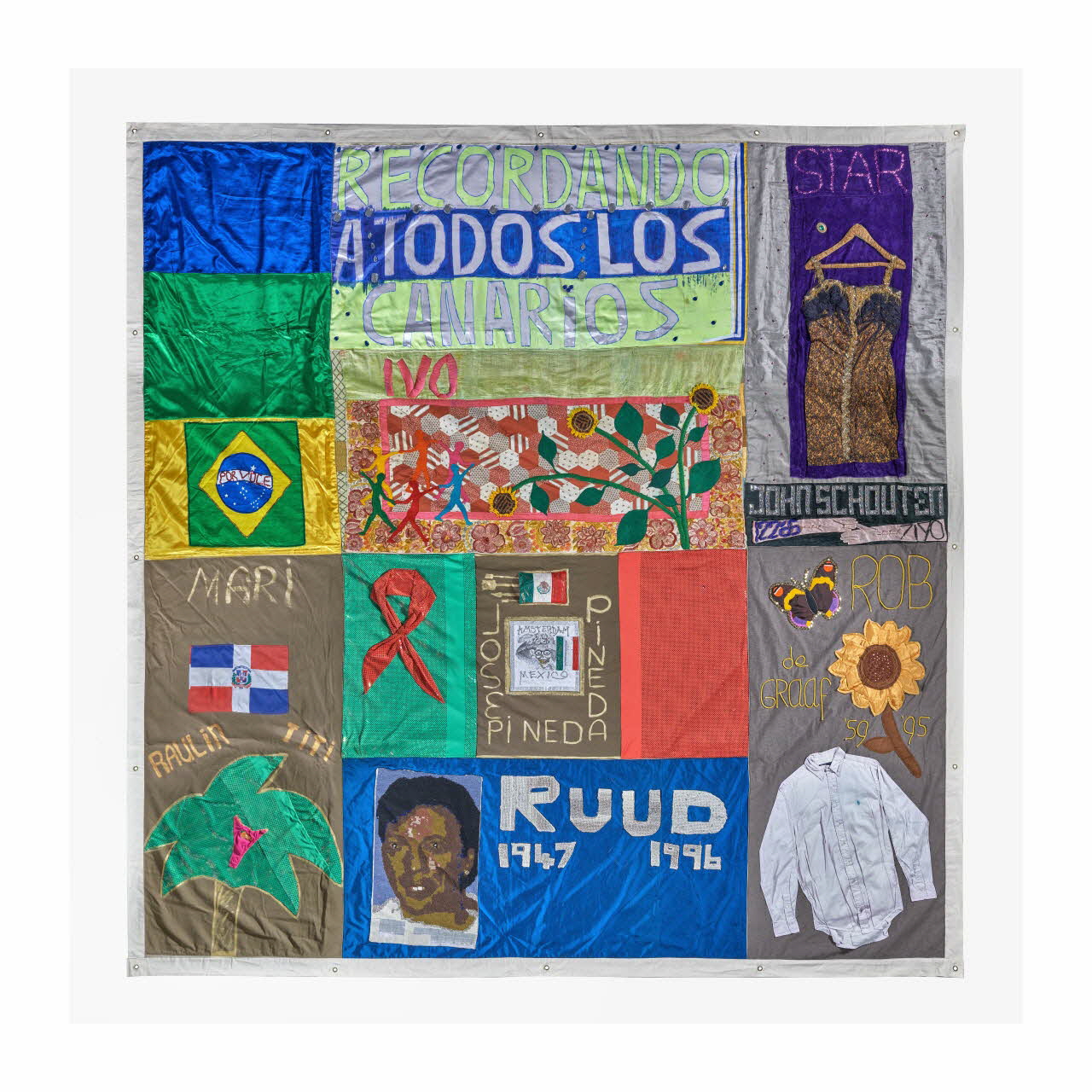 Fondation Projet des NOMS des Pays-Bas ; Amsterdam quilting group ; SidaVida ; Gislene de Castro ; Duna de Castro ; Miguel Sabina y Herrera ; Hayo Huizinga ; Ron Geels ; Christian Kelvin ; Rosa Gonzalez Albarran ; Will Tatje ; Alida de Graaf-Voorn ; Els de Graaf patchwork Block 23 of the Dutch AIDS Memorial Quilt Hollande-Septentrionale, Pays-Bas 2008 2018.76.1 Photo Mucem/ Yves Inchierman