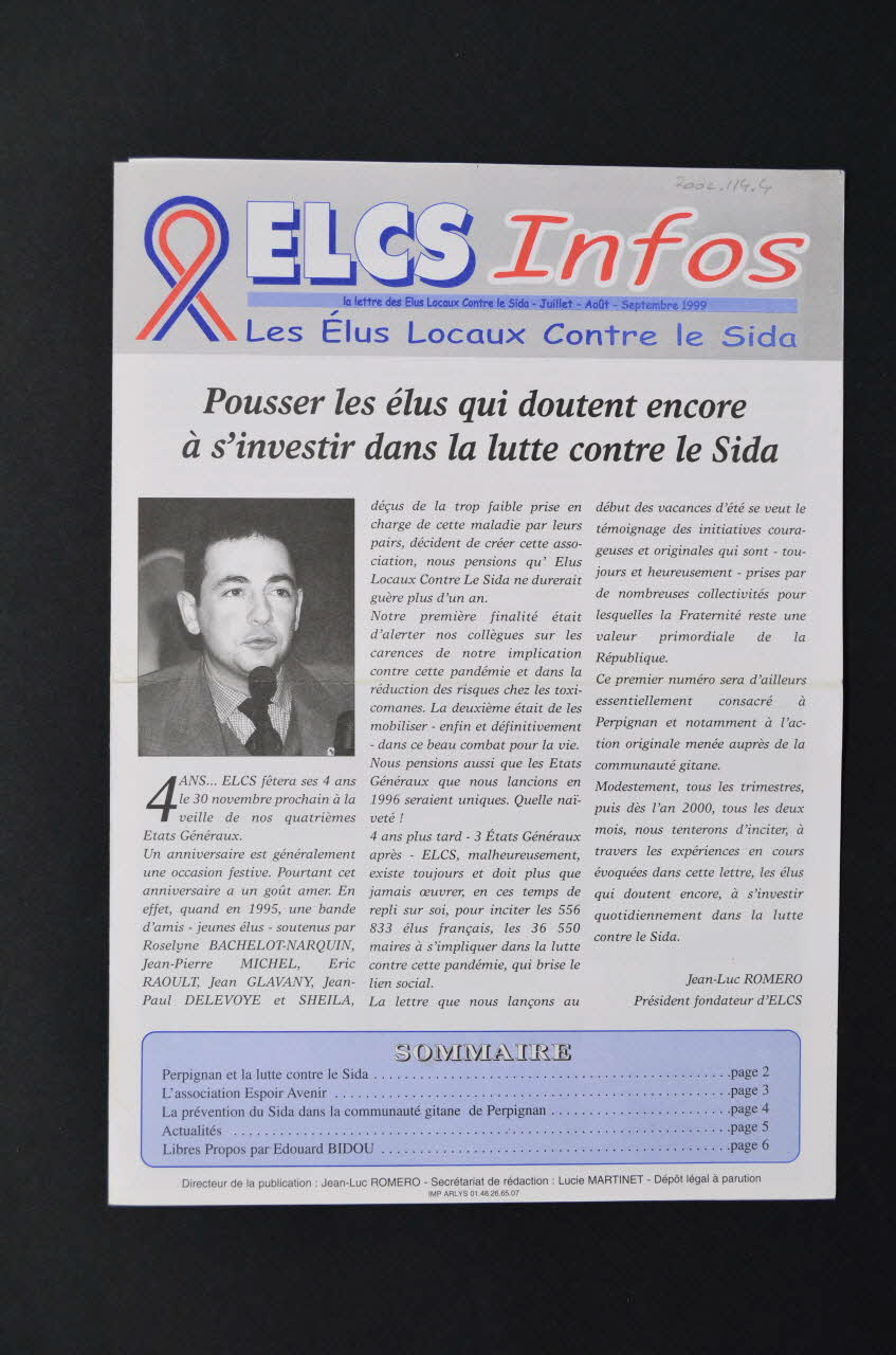 Elus Locaux Contre le Sida (ELCS) lettre La lettre des Elus locaux contre le sida, ELCS Infos, n°1, juillet août septembre 1999 France 1999 2002.114.4 Photo Mucem