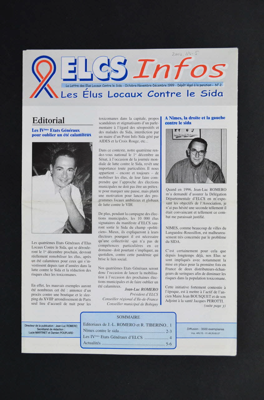 Elus Locaux Contre le Sida (ELCS) lettre La lettre des Elus locaux contre le sida, ELCS Infos, n°2, octobre, novembre, décembre 1999 France 1999 2002.114.5 Photo Mucem