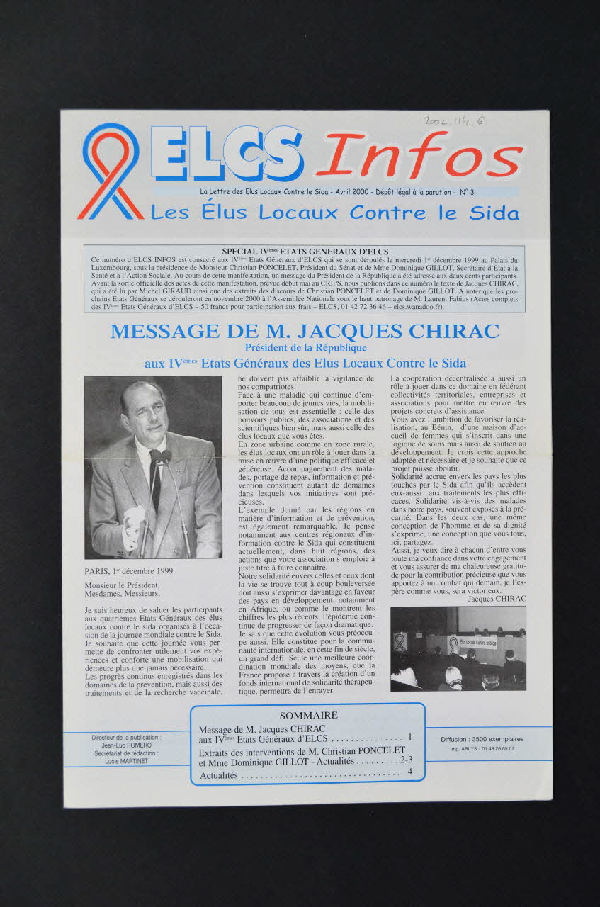 Elus Locaux Contre le Sida (ELCS) lettre La lettre des Elus locaux contre le sida, ELCS Infos, n°3,  avril 2000 France 2000 2002.114.6 Photo Mucem
