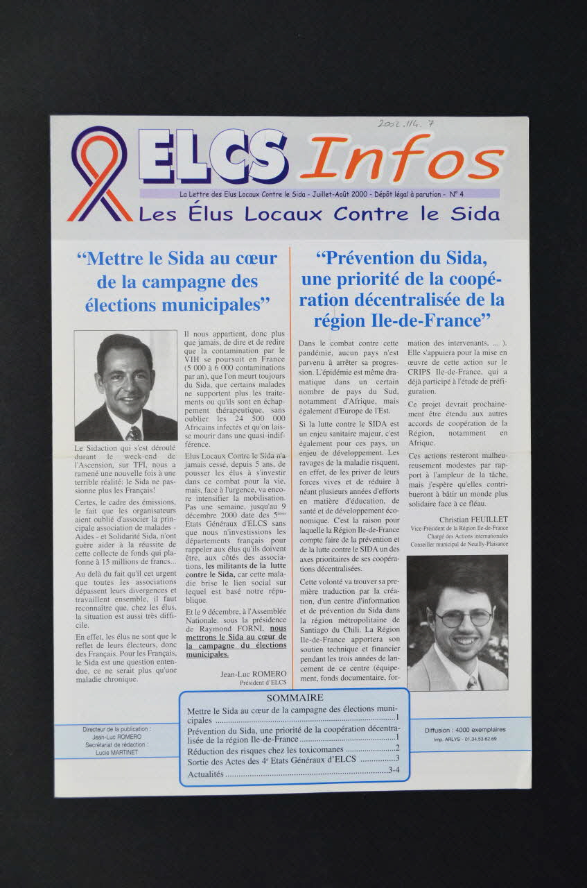 Elus Locaux Contre le Sida (ELCS) lettre La lettre des Elus locaux contre le sida, ELCS Infos, n°4  juillet-août 2000 France 2000 2002.114.7 Photo Mucem