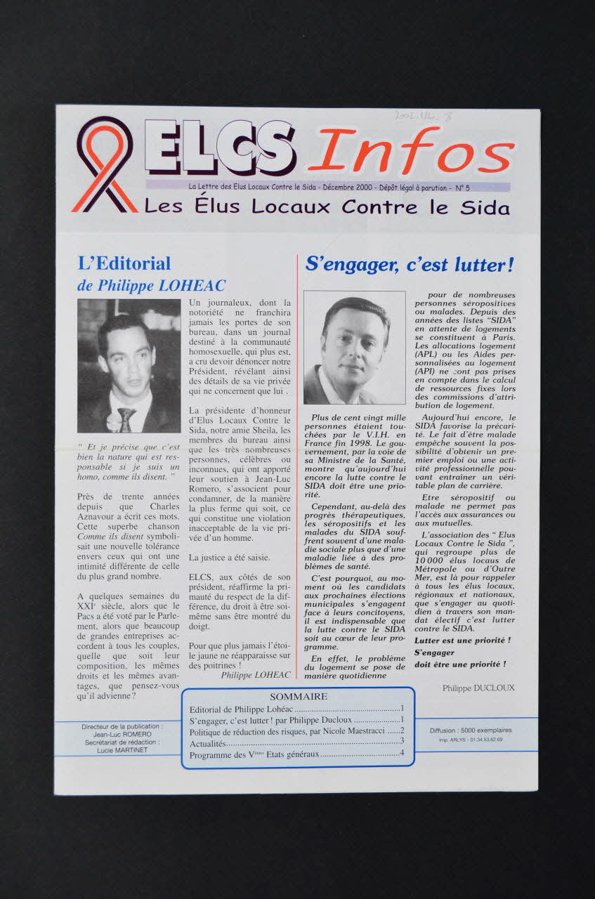 Elus Locaux Contre le Sida (ELCS) lettre La lettre des Elus locaux contre le sida, ELCS Infos, n°5  décembre 2000 France 2000 2002.114.8 Photo Mucem