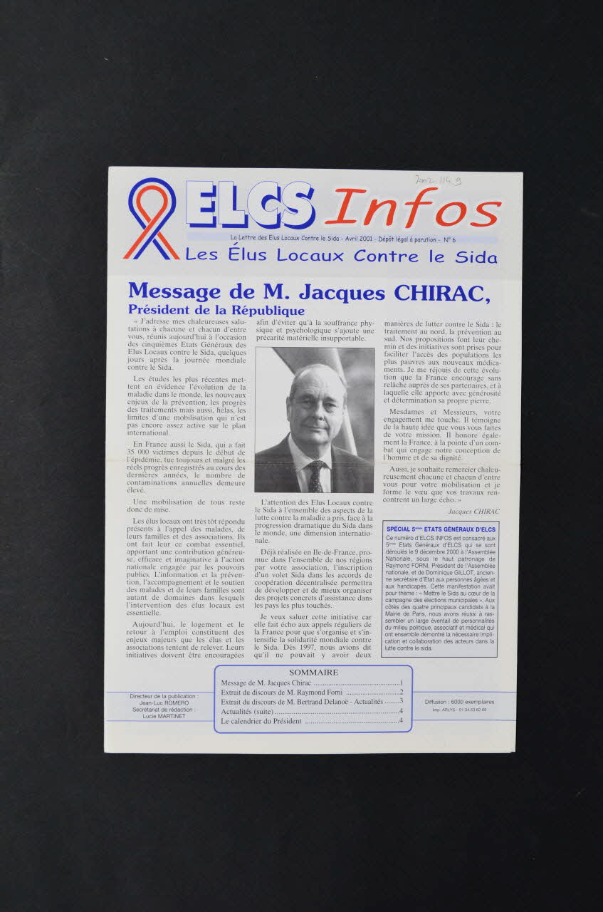 Elus Locaux Contre le Sida (ELCS) lettre La lettre des Elus locaux contre le sida, ELCS Infos, n°6  avril 2001 France 2001 2002.114.9 Photo Mucem