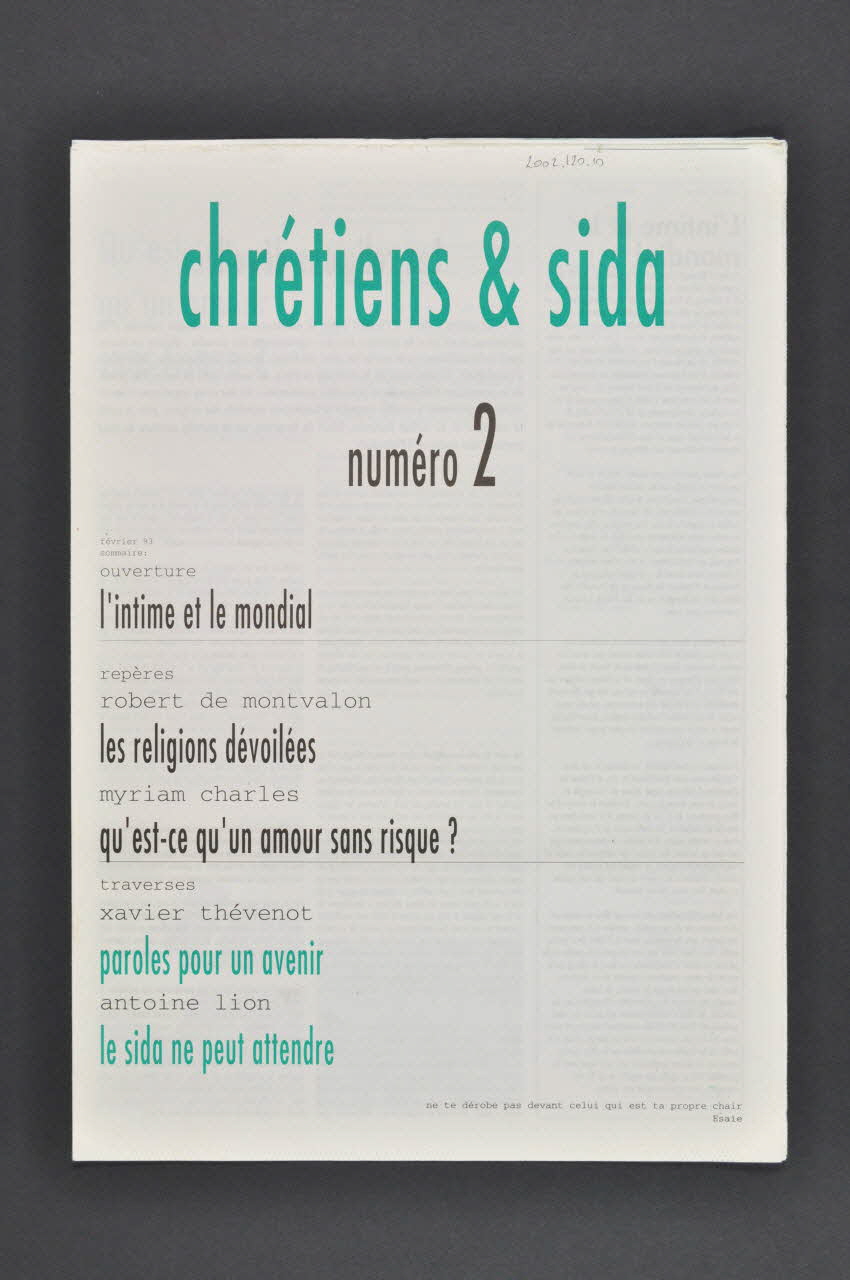 Chrétiens et Sida journal Chrétiens & sida. Numéro 2 : Paroles pour un avenir, le sida ne peut attendre France 1993 2002.120.10.1-2 Photo Mucem