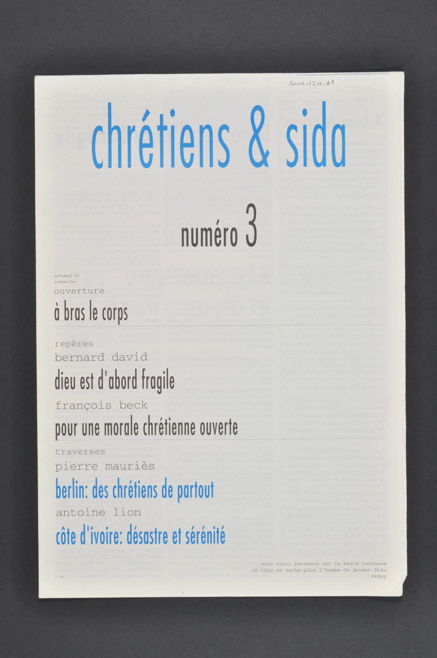 Chrétiens et Sida journal Chrétiens & sida. Numéro 3 : Berlin : des chrétiens de partout // Côte d'ivoire : désastre et sérénité France 1993/10 2002.120.11.1-2 Photo Mucem