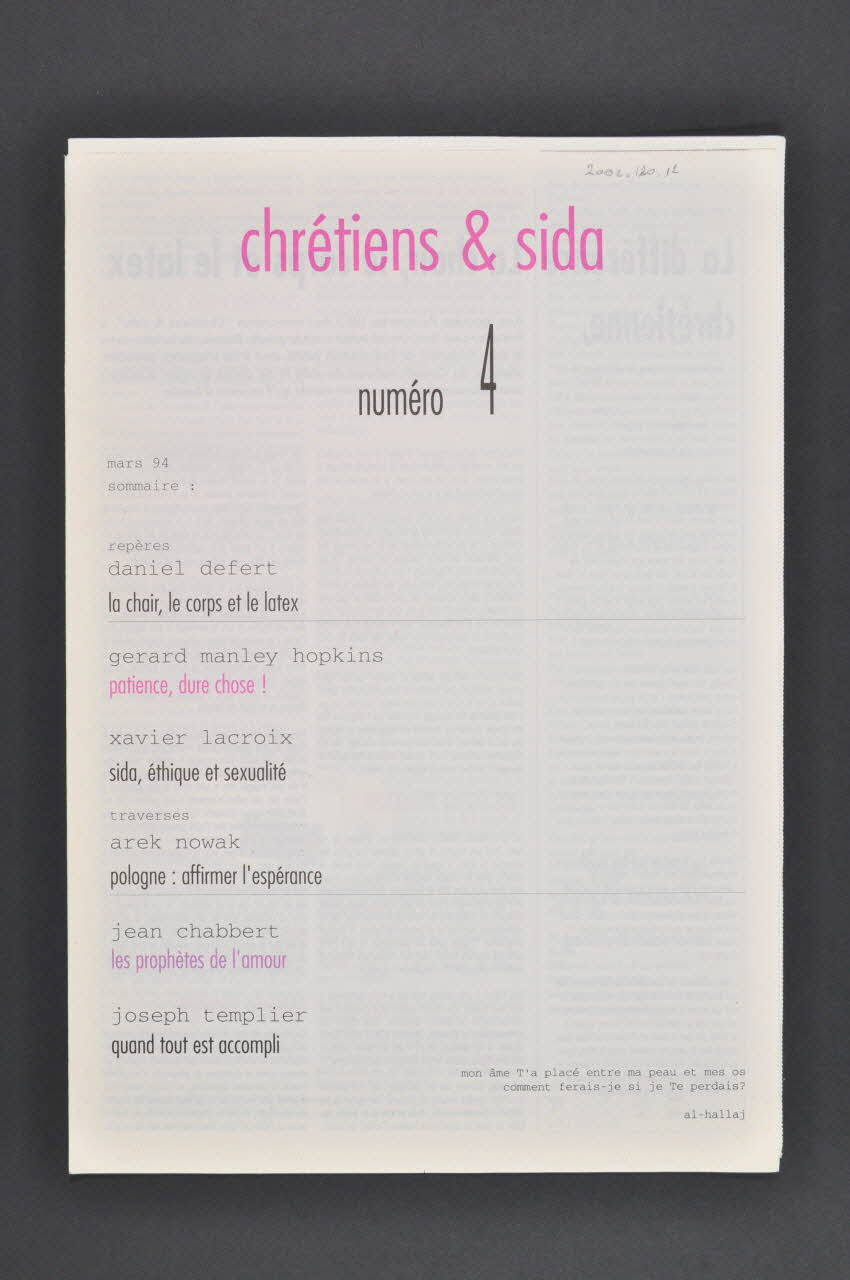 Chrétiens et Sida journal Chrétiens & sida. Numéro 4 : Poèmes // Les prophètes de l’amour France 1994/3 2002.120.12.1-2 Photo Mucem