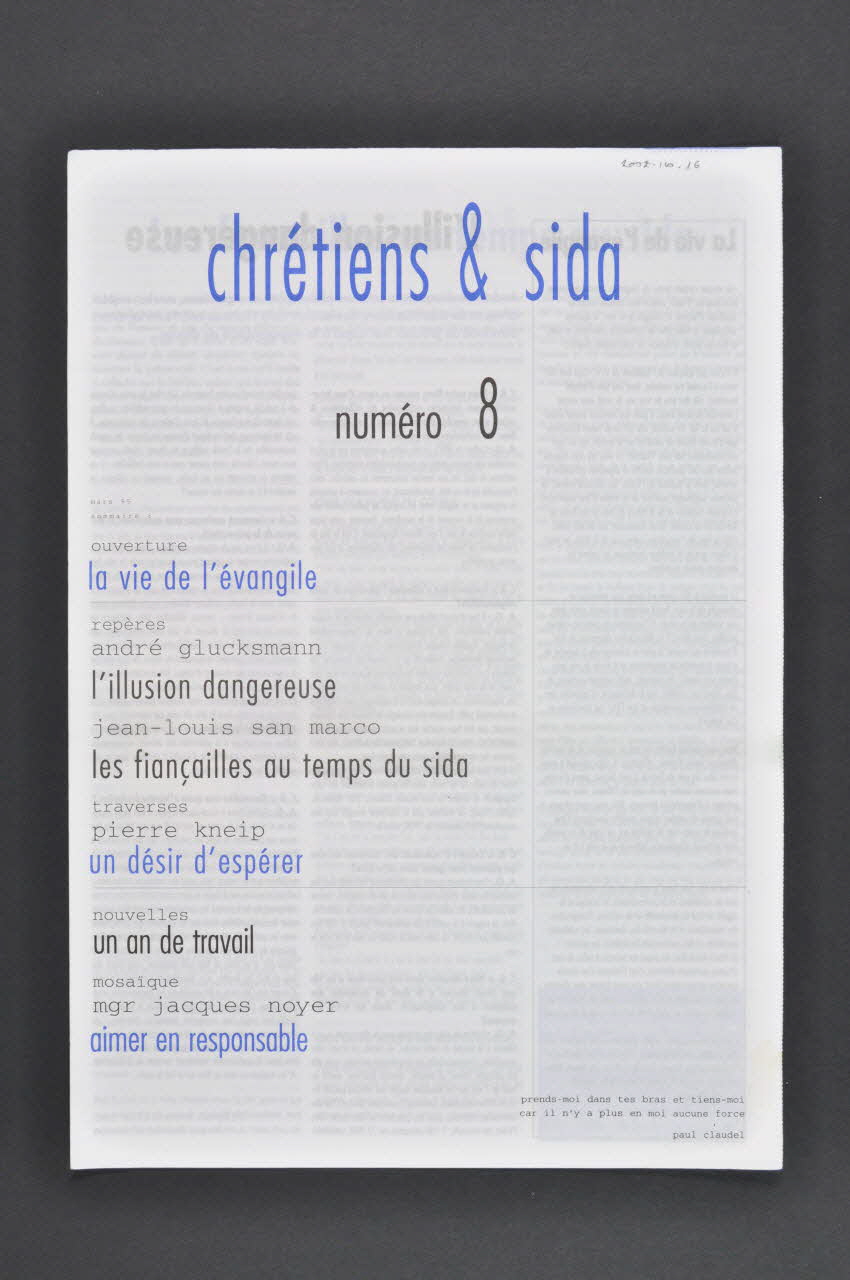 Chrétiens et Sida journal Chrétiens & sida. Numéro 8 : La vie de l’évangile // Un désir d’espérer // Aimer en responsable France 1995/3 2002.120.16.1-2 Photo Mucem