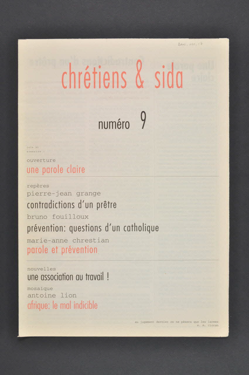Chrétiens et Sida journal Chrétiens & sida. Numéro 9 : Une parole claire / / Parole et prévention // Afrique : un mal indicible. France 1995/6 2002.120.17.1-2 Photo Mucem