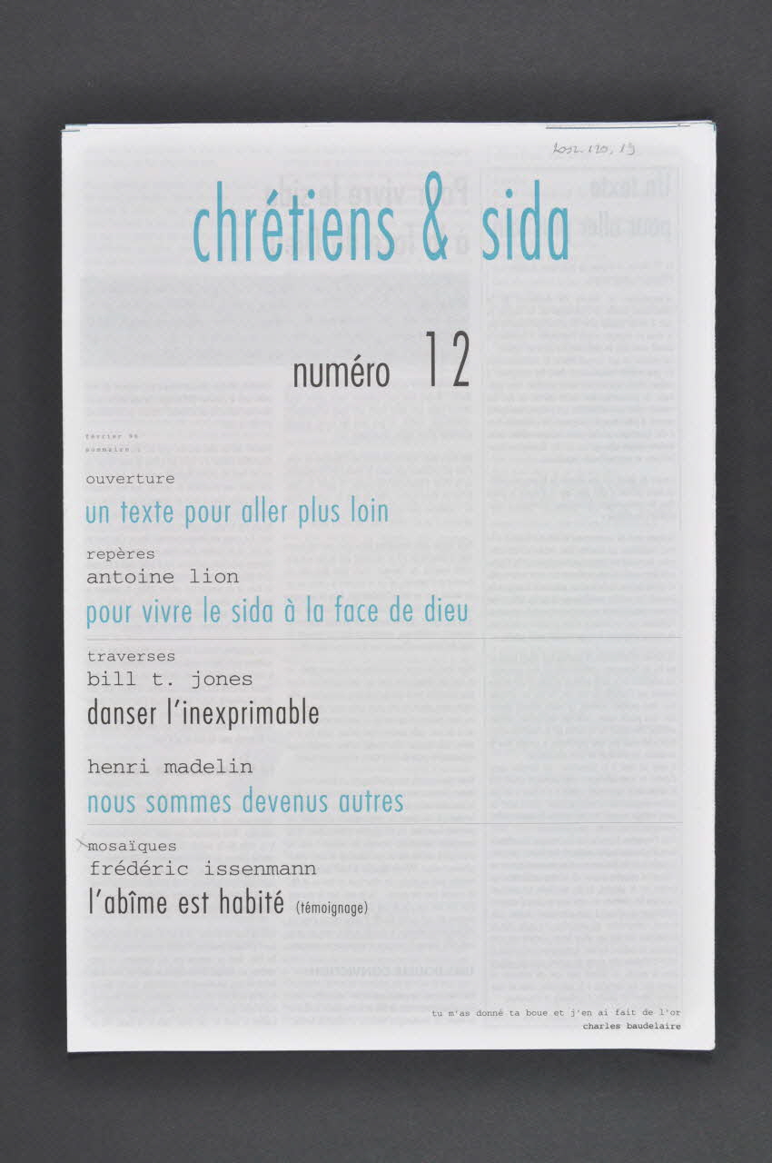 Chrétiens et Sida journal Chrétiens & sida. Numéro 12 : Un texte pour aller plus loin // Pour vivre le sida à la face de dieu // Nous sommes devenus autres France 1996/2 2002.120.19.1-2 Photo Mucem