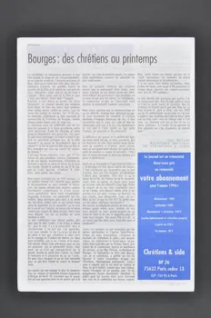 Chrétiens et Sida journal Numéro 13 : On n’est jamais trop humain / Fragilité, porte ouverte vers l’autre / Bourges : des chrétiens au Printemps France 1996/6 2002.120.20.1-2 Photo Mucem