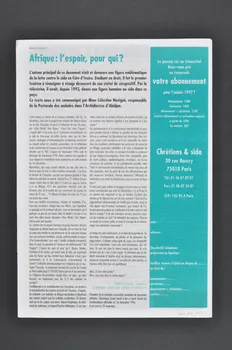 Chrétiens et Sida journal Chrétiens & sida. Numéro 16 : Provoqués à inventer / Un partage indicible / Afrique : l’espoir pour qui ? France 1997/3 2002.120.23.1-2 Photo Mucem