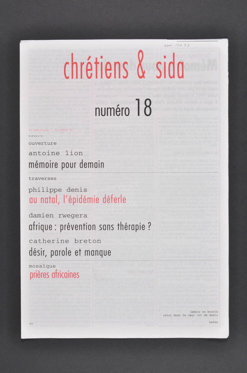 Chrétiens et Sida journal Chrétiens et sida. Numéro 18 : au Natal, l’épidémie déferle / Prières africaines France 1997/10 2002.120.25.1-2 Photo Mucem