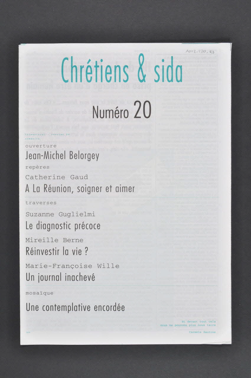 Chrétiens et Sida journal Chrétiens et sida. Numéro 20 : Le diagnostic précoce / Réinvestir la vie? France 1998/2 2002.120.27.1-2 Photo Mucem