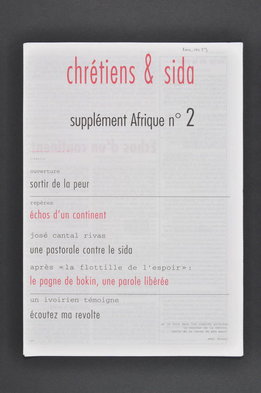 Chrétiens et Sida journal Chrétiens & sida. Supplément Afrique numéro 2 France 1997/6 2002.120.29.1-2 Photo Mucem