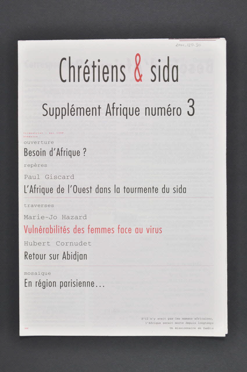 Chrétiens et Sida journal Chrétiens & sida. Supplément Afrique numéro 3 France 1998/5 2002.120.30.1-4 Photo Mucem