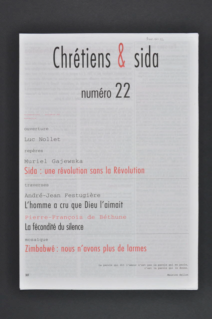 Chrétiens et Sida journal Chrétiens et sida. Numéro 22 : Sida : une révolution sans la Révolution / Zimbabwe : nous n'avons plus de larmes France 1998/10 2002.120.32.1-2 Photo Mucem