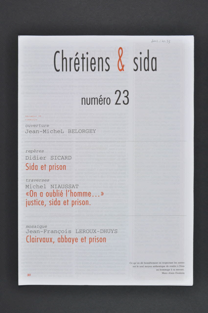Chrétiens et Sida journal Chrétiens et sida. Numéro 23 : Sida et prison France 1998/12 2002.120.33.1-2 Photo Mucem