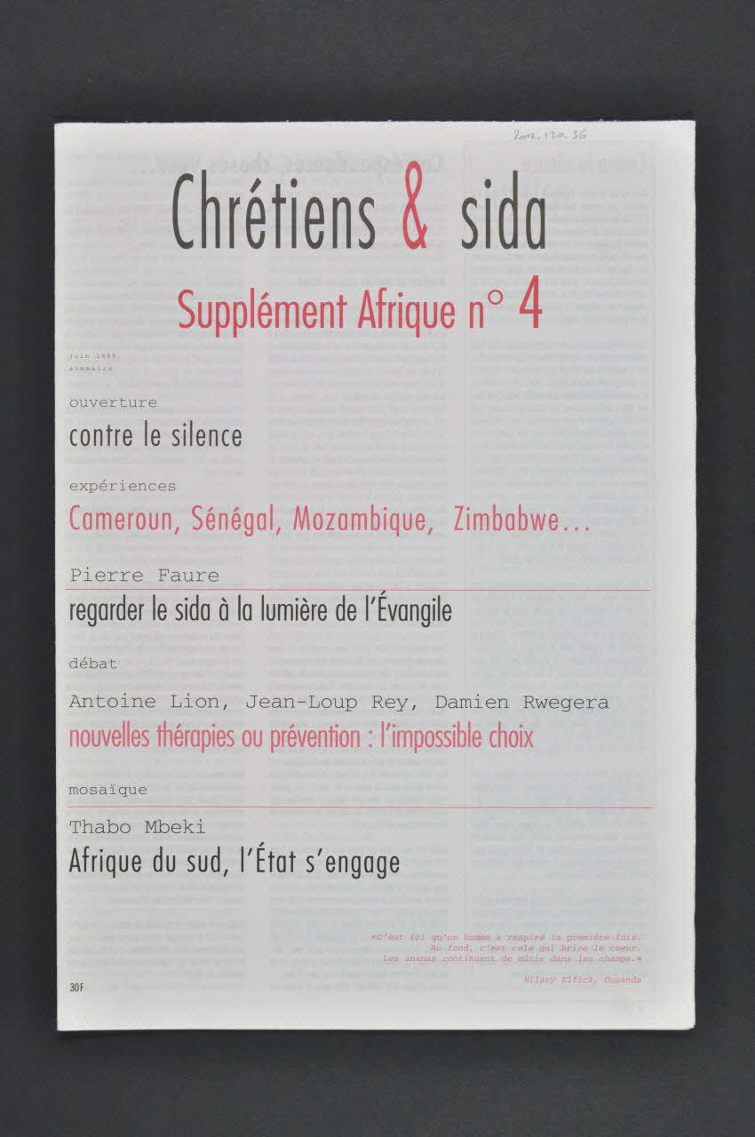 Chrétiens et Sida journal Chrétiens & sida. Supplément Afrique numéro 4 France 1999/6 2002.120.36.1-4 Photo Mucem
