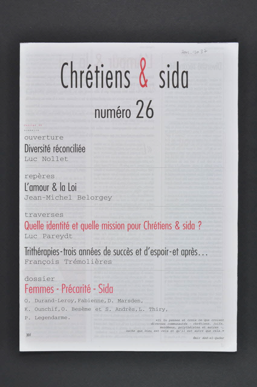 Chrétiens et Sida journal Chrétiens et sida. Numéro 26 : Quelle identité et quelle mission pour Chrétiens et sida? / Femmes, précarité, sida. Pourquoi? France 1999/7 2002.120.37.1-4 Photo Mucem