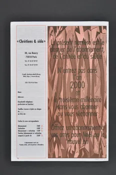 Chrétiens et Sida journal Chrétiens et sida. Numéro 27 : Un heurtoir à la porte de l'an 2000 / La valorisation catholique de la souffrance et son déclin France 1999/10 2002.120.38.1-4 Photo Mucem