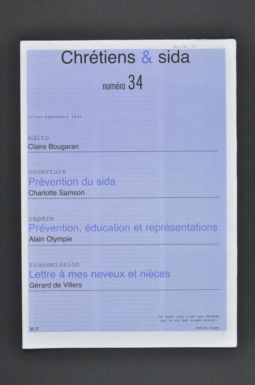 Chrétiens et Sida journal Chrétiens et sida. Numéro 34 : Prévention du sida France 2001/7/9 2002.120.45.1-4 Photo Mucem