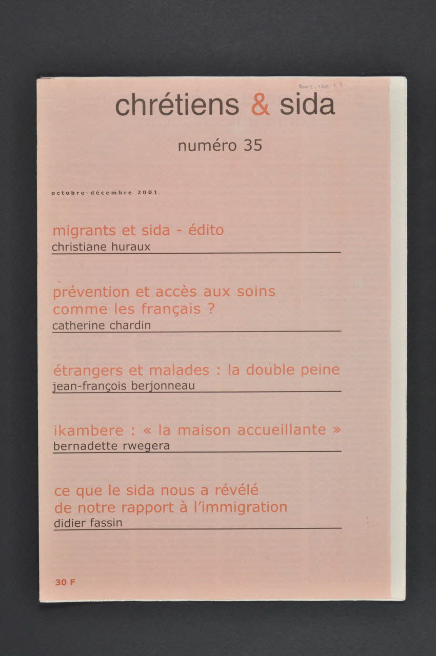 Chrétiens et Sida journal Chrétiens et sida. Numéro 35 : Migrants et sida France 2001/10/12 2002.120.47.1-4 Photo Mucem