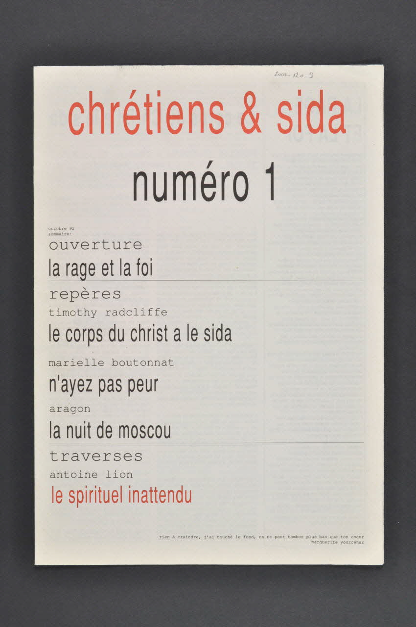 Chrétiens et Sida journal Chrétiens & sida. Numéro 1. Le spirituel inattendu France 1992 2002.120.9.1-2 Photo Mucem