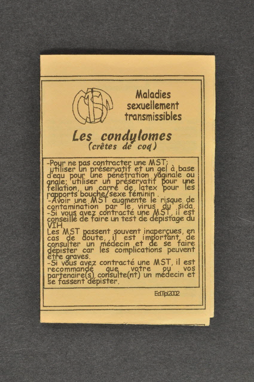 Association "Le Tipi" flyer Maladies sexuellement transmissibles : Les condylomes (crêtes de coq) Provence-Alpes-Côte d'Azur, France 2002 2002.121.12.2 Photo Mucem