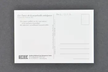 Olivier Tournon ; Soeurs de la Perpétuelle Indulgence - San Francisco ; Sneg Et Ddass 75 carte postale "Les soeurs veillent sur toi, avec amour, et toi seul peux te protéger des infections sexuellement transmissibles." France 2002 2002.122.7 Photo Mucem