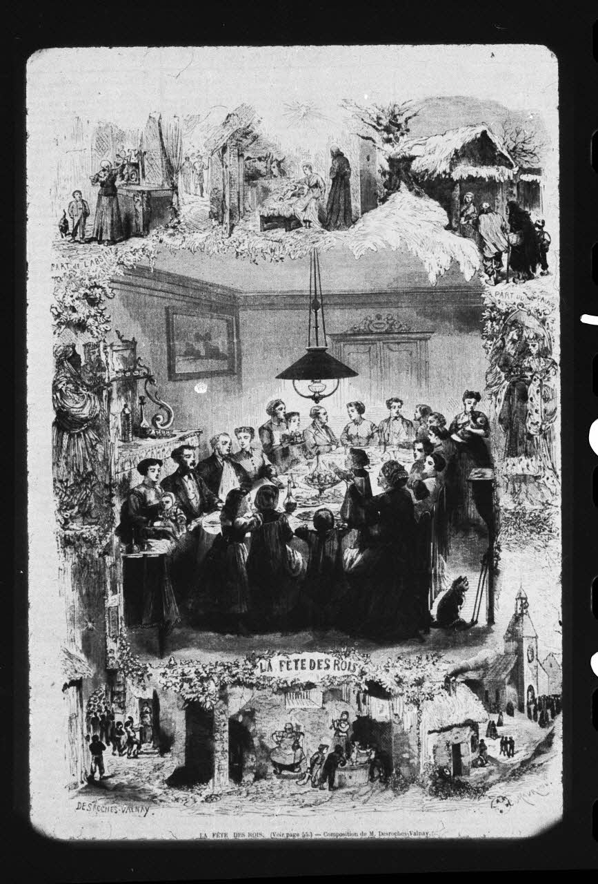 photographie "La fête des rois". Typographie noir et blanc. Editée par la maison Desroches à Valnay. Extrait de "L'année illustrée" Ph.1972.6.22 Photo