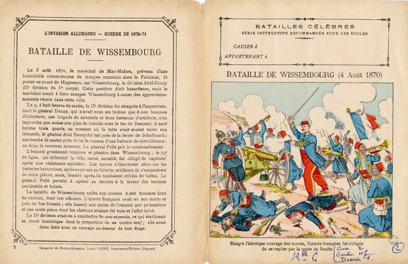 Louis Vagné protège-cahier, élément d'ensemble BATAILLES CÉLÈBRES  SÉRIE INSTRUCTIVE RECOMMANDÉE POUR LES ÉCOLES  BATAILLE DE WISSEMBOURG (4 Août 1870) Pont-à-Mousson 1903 1963.144.2 Photo