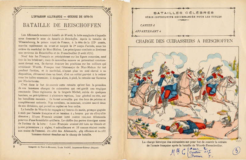 Louis Vagné protège-cahier, élément d'ensemble BATAILLES CÉLÈBRES  SÉRIE INSTRUCTIVE RECOMMANDÉE POUR LES ÉCOLES  CHARGE DES CUIRASSIERS A REISCHOFFEN Pont-à-Mousson 1903 1963.144.3 Photo