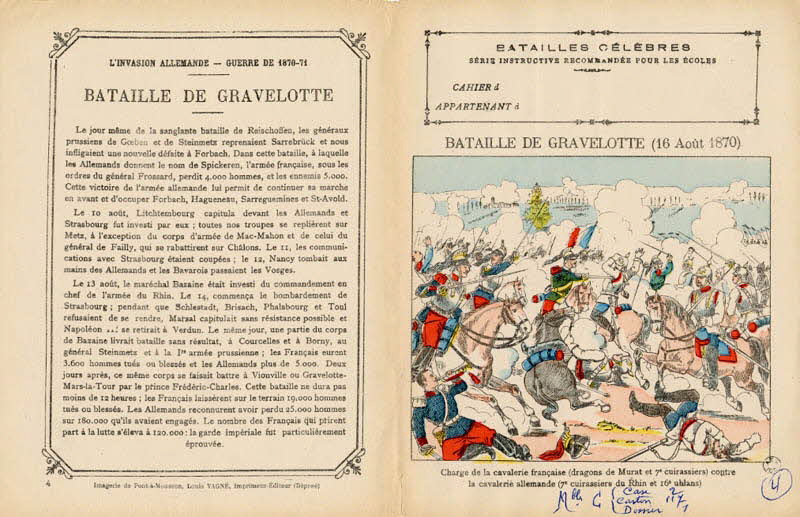 Louis Vagné protège-cahier, élément d'ensemble BATAILLES CÉLÈBRES  SÉRIE INSTRUCTIVE RECOMMANDÉE POUR LES ÉCOLES  BATAILLE DE GRAVELOTTE Pont-à-Mousson 1903 1963.144.4 Photo