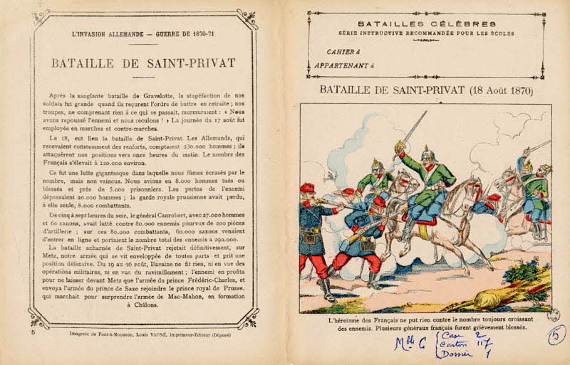 Louis Vagné protège-cahier, élément d'ensemble BATAILLES CÉLÈBRES  SÉRIE INSTRUCTIVE RECOMMANDÉE POUR LES ÉCOLES  BATAILLE DE SAINT-PRIVAT Pont-à-Mousson 1903 1963.144.5 Photo