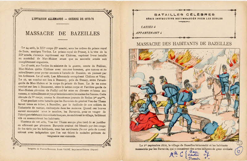 Louis Vagné protège-cahier, élément d'ensemble BATAILLES CÉLÈBRES  SÉRIE INSTRUCTIVE RECOMMANDÉE POUR LES ÉCOLES  MASSACRE DES HABITANTS DE BAZEILLES Pont-à-Mousson 1903 1963.144.6 Photo