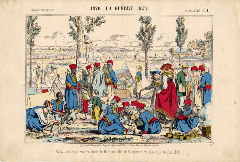 Elie Haguenthal estampe 1870 - LA GUERRE - 1871.  Camp de turcos sur les bords du Rhin, au début de la guerre, en Alsace, le 1er Août 1870. Pont-à-Mousson 1870-1880 1950.39.898 Photo