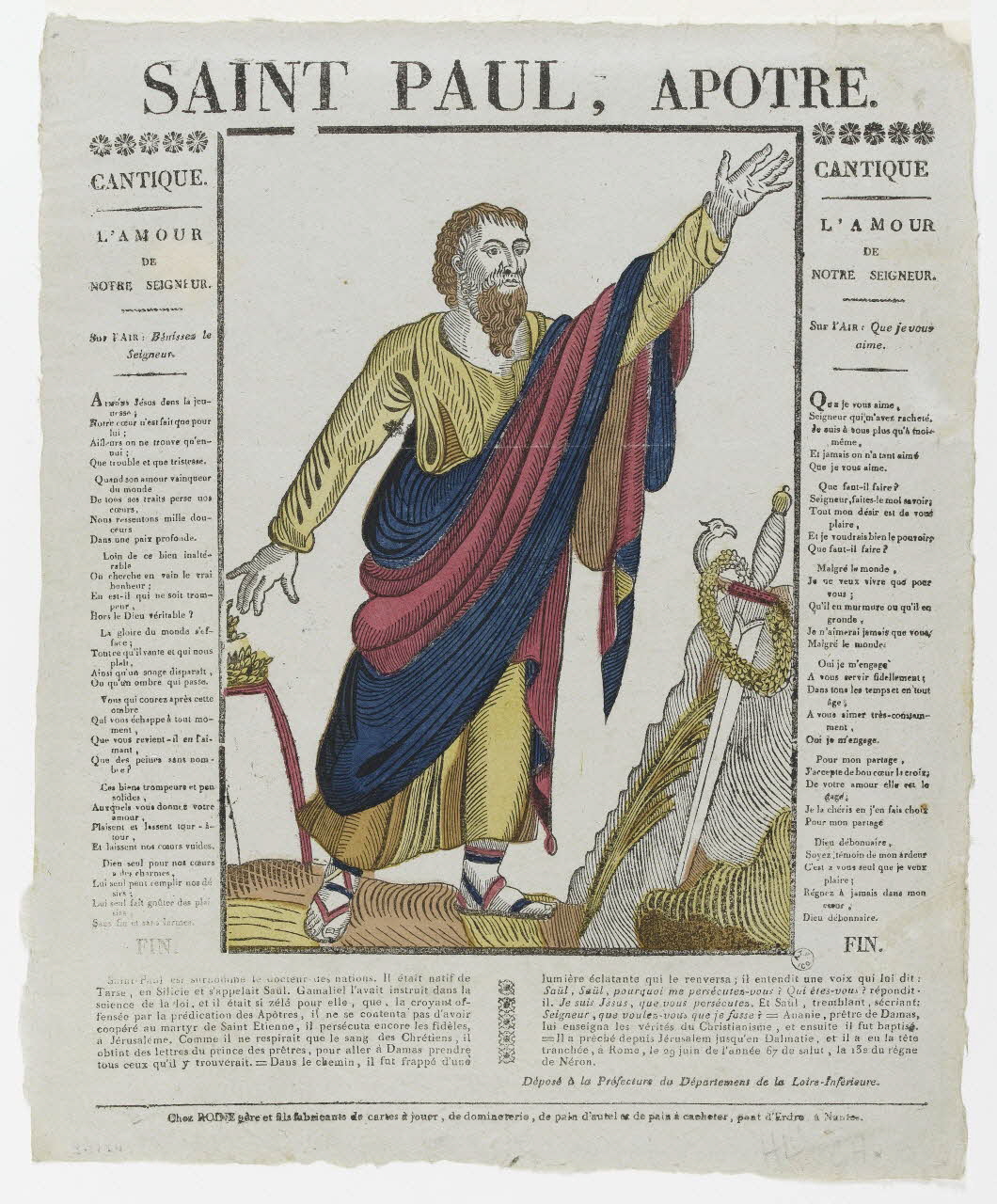 Pierre Vincent Roiné ; Philibert Roiné imagerie ancienne SAINT PAUL, APOTRE. Nantes 1823-1826 1963.12.2 Photo PHOTO RMN - THIERRY LE MAGE